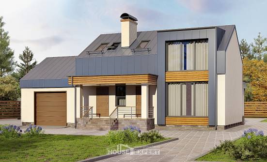 150-015-П Проект двухэтажного дома с мансардным этажом, гараж, недорогой дом из пеноблока Мичуринск | Проекты домов от House Expert